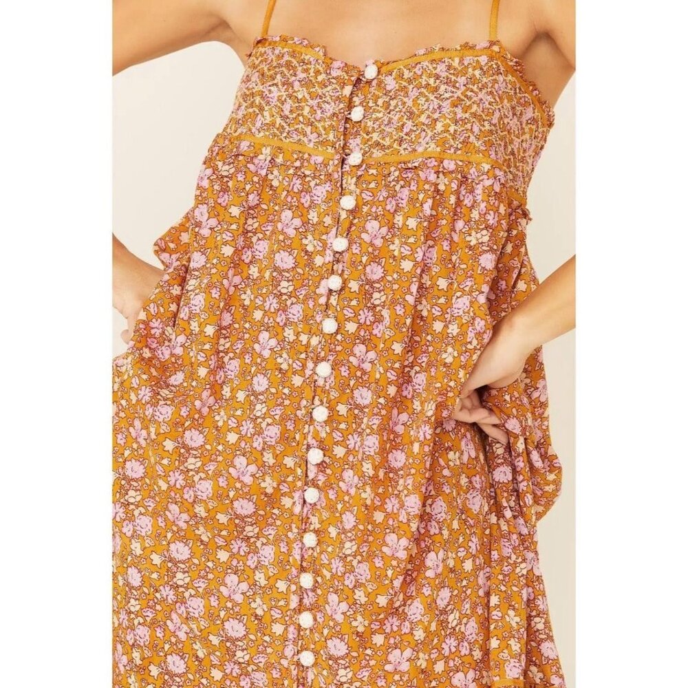 Free People Molly Jo Midi Maxi Dress Women Small Tiered Mustard Floral Smocked - Picture 12 of 16